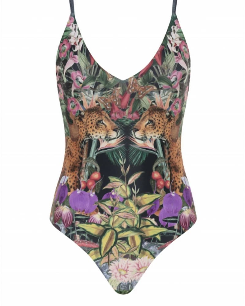 Front of a size L Marieta One Piece Swimsuit in Garden Leopards Black in Garden Leopards Black by CAROLINA K. | dia_product_style_image_id:345623